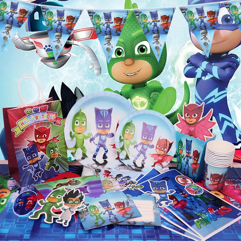 PJ Masks birthday party decorative set including a backdrop, plates, cups, and gift bags