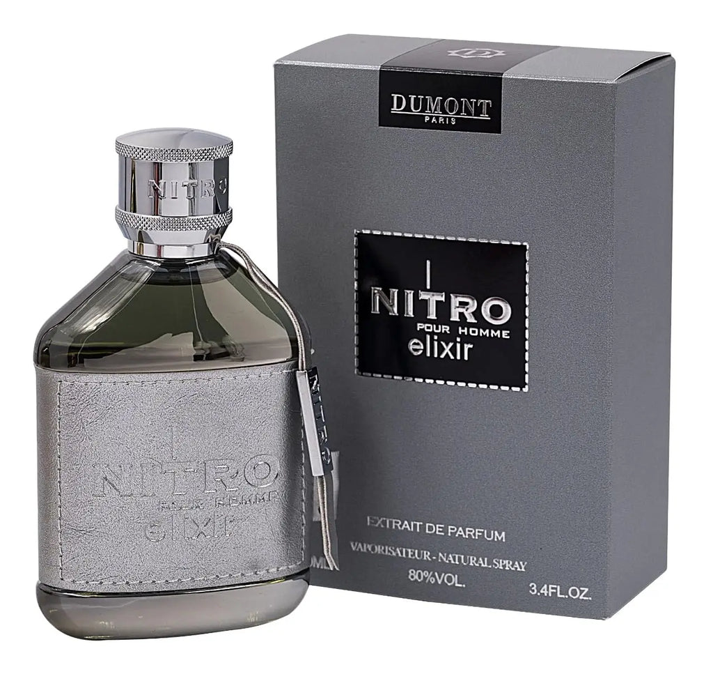 A metallic grey perfume bottle with a leather sleeve and its matching grey box.