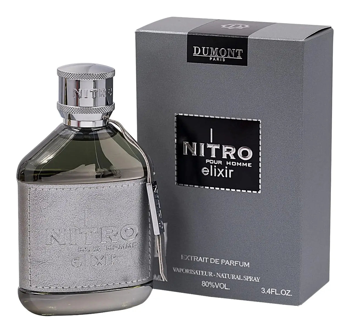 A metallic grey perfume bottle with a leather sleeve and its matching grey box.