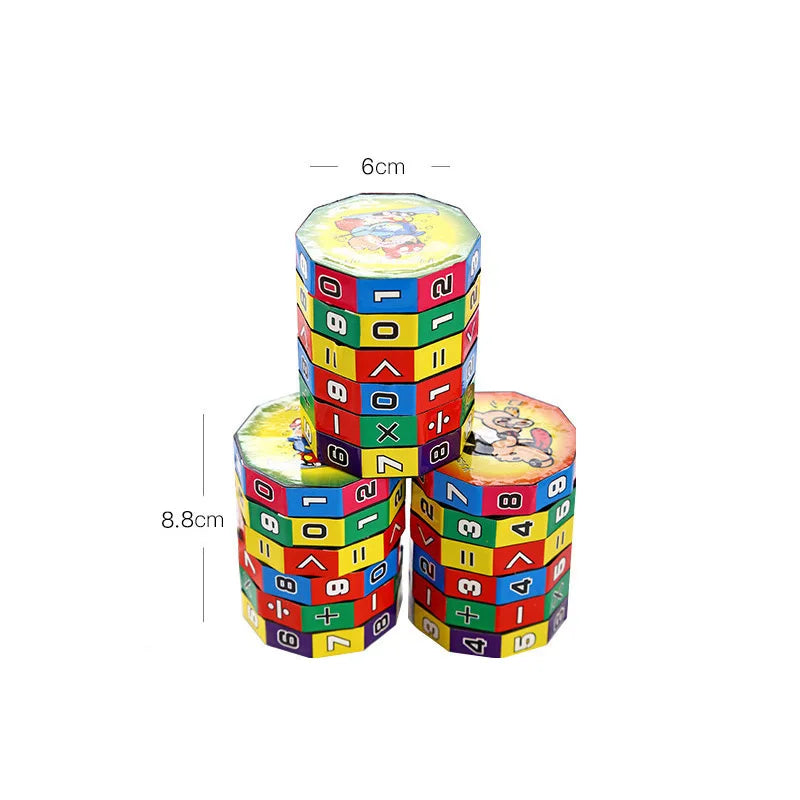 Three cylindrical math puzzle toys arranged in a group with dimension labels