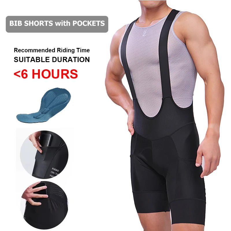 Inbike Men's Cycling Bib Shorts with Sponge Padding and Pockets – Black with pockets