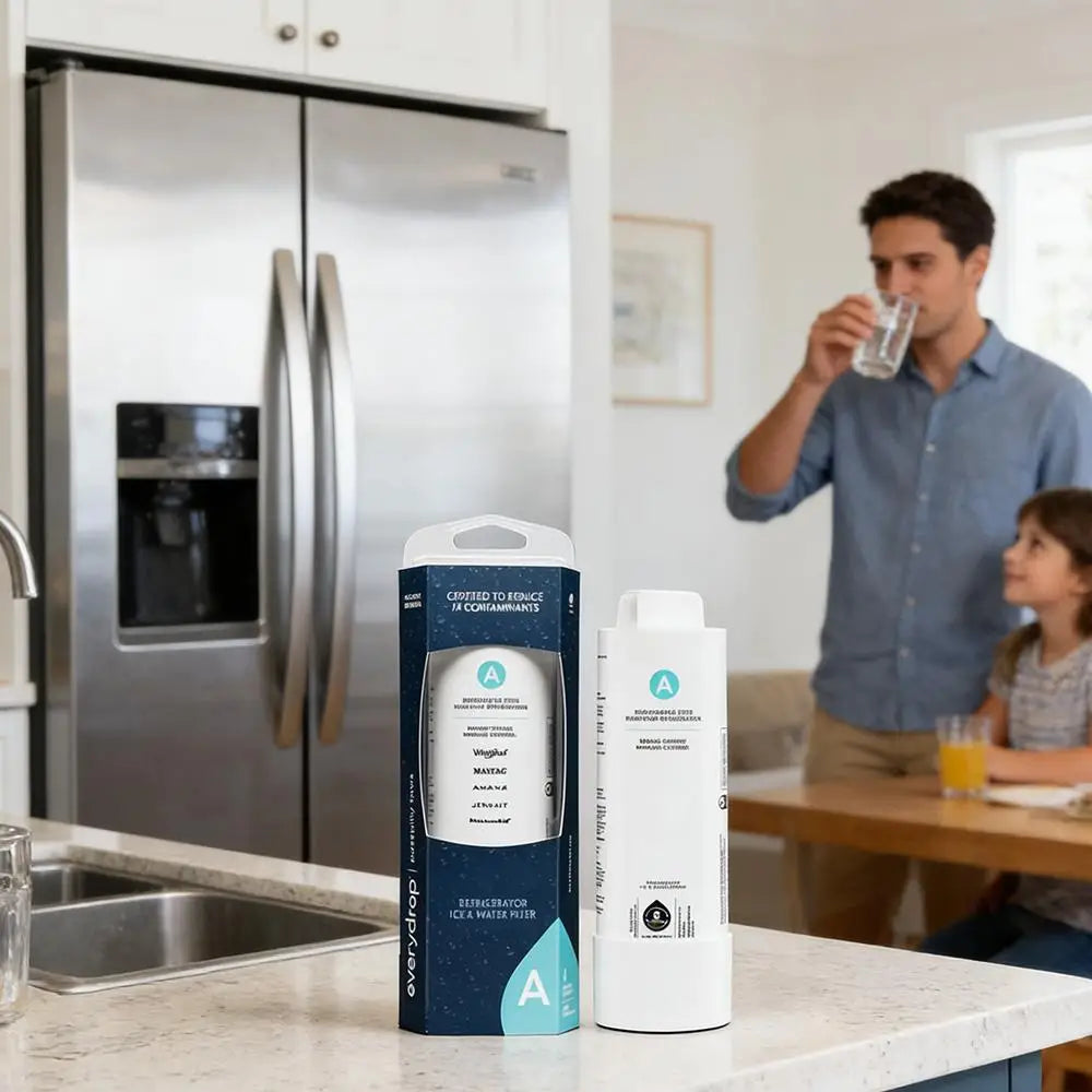Refrigerator water filter on kitchen counter with a blurred man and child drinking water in the background