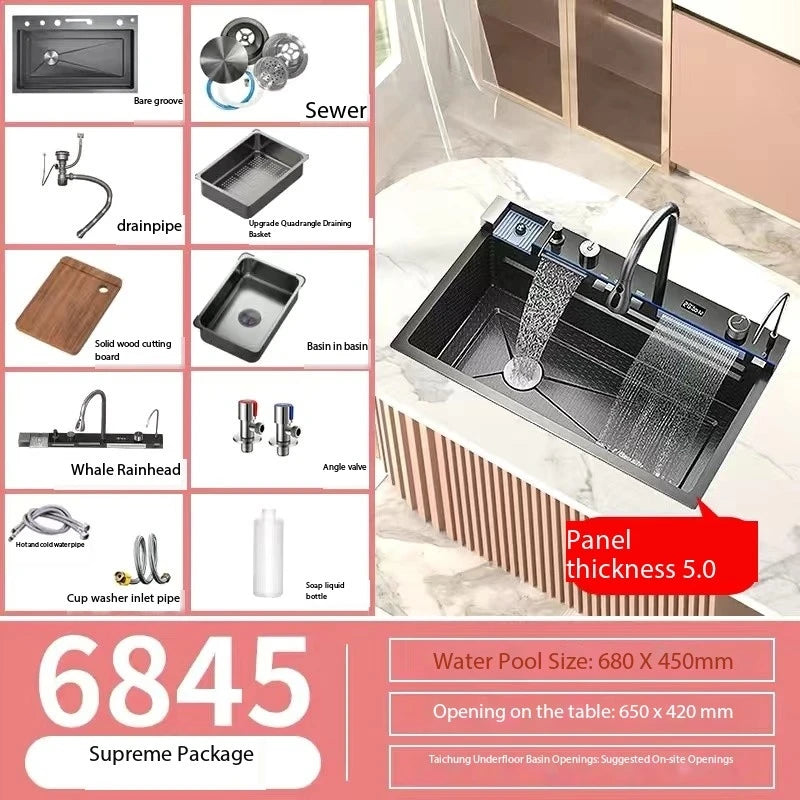 304 Stainless Steel Single Bowl Kitchen Sink with Digital Display and Faucet – 6845-left