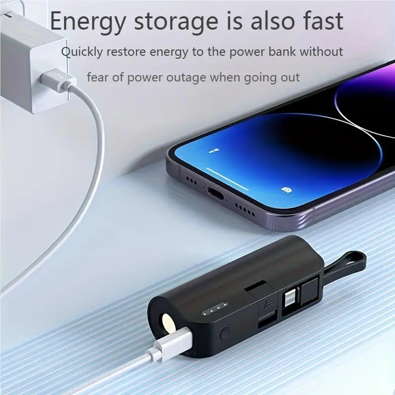Black mini portable power bank being charged by a wall adapter connected to a smartphone.