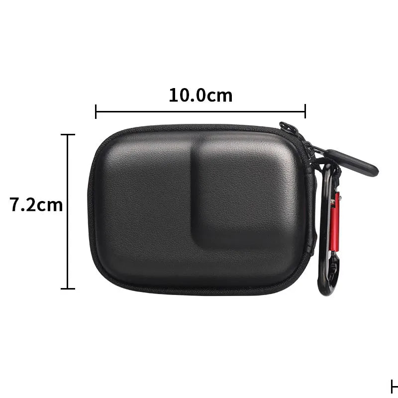 Black action camera protective case with dimension measurements