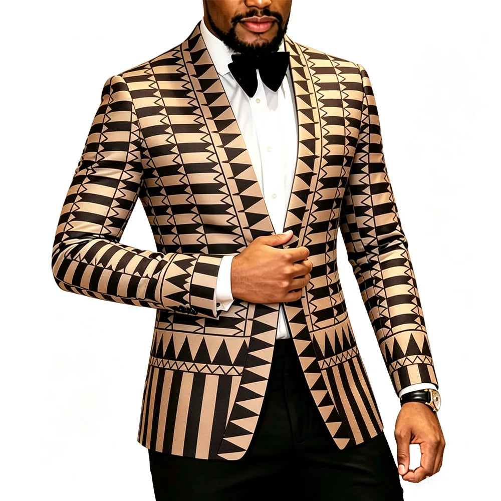 Men Geometric Print Slim Fit Shawl Lapel Tuxedo Blazer – Khaki