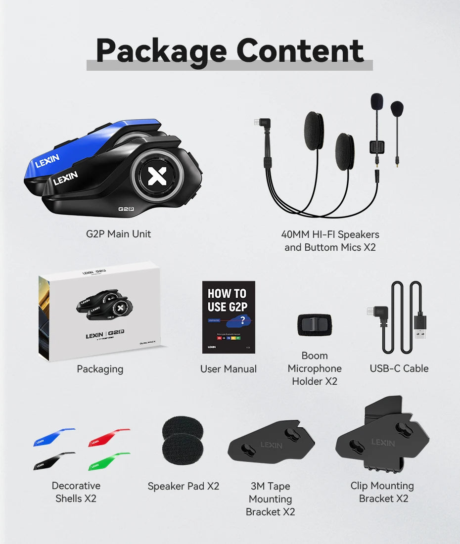 Lexin G2P Motorcycle Bluetooth Headset - 6 Rider Intercom – G2P-2PC