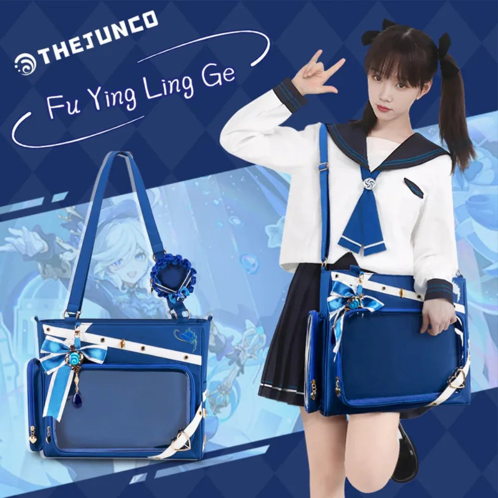 Person modeling a blue tote bag next to a close-up product view with overlay text