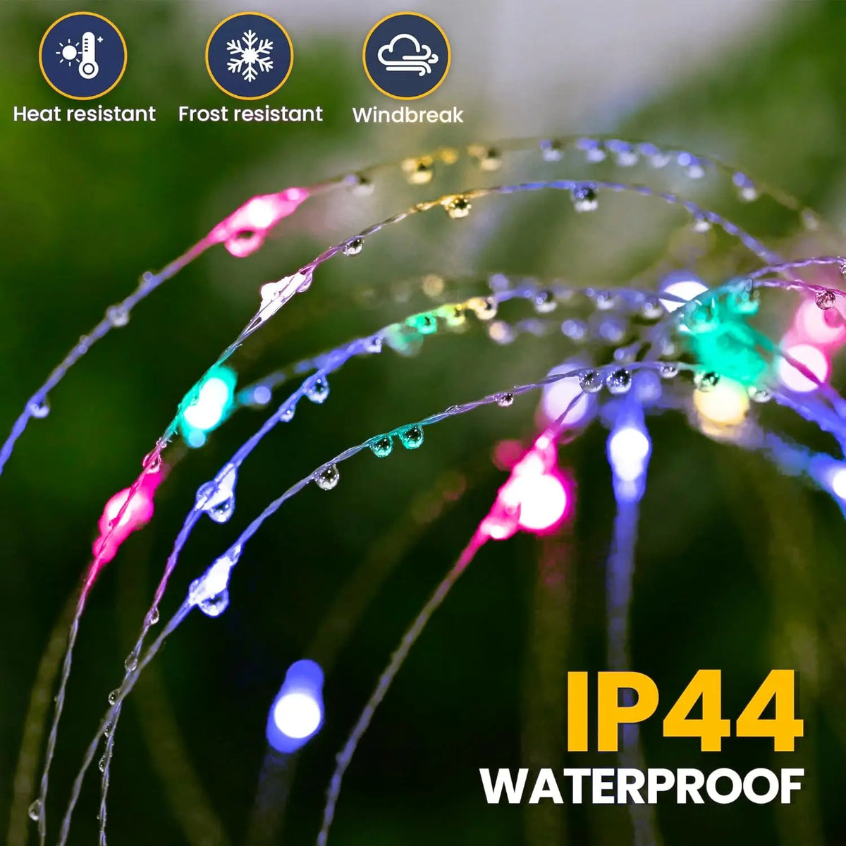 Close-up of flexible wire branches on a firework garden light with glowing multi-colored LEDs and water droplets