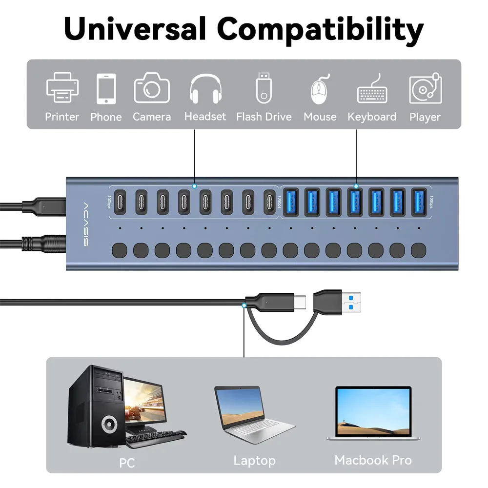 16-port USB hub connected to a laptop, demonstrating universal compatibility with various electronic devices.