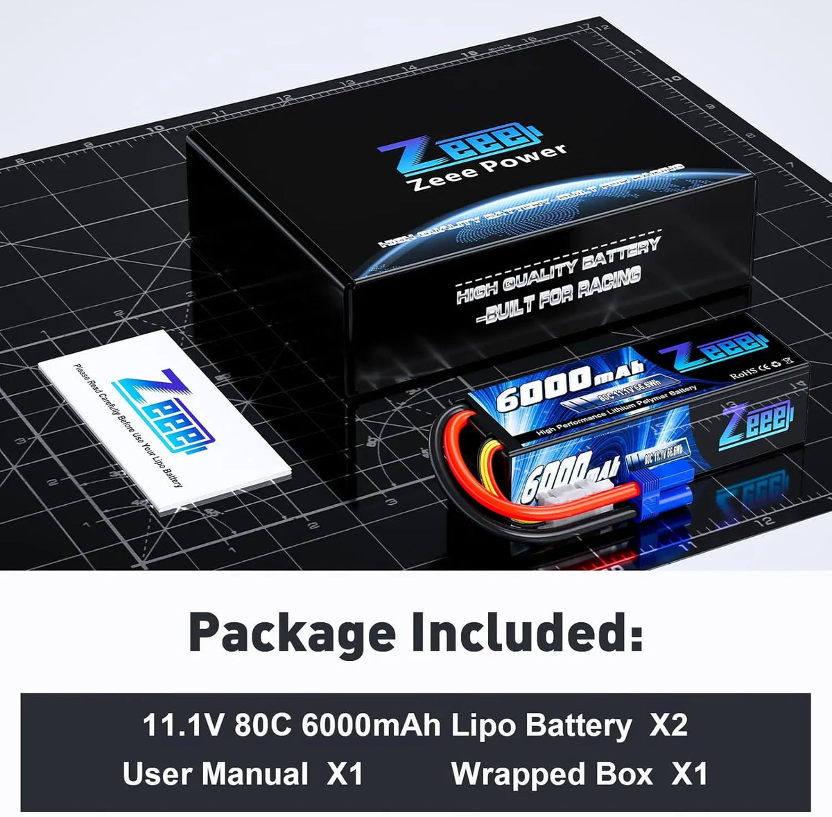 A lithium polymer battery pack, storage box and user manual set on a grid background