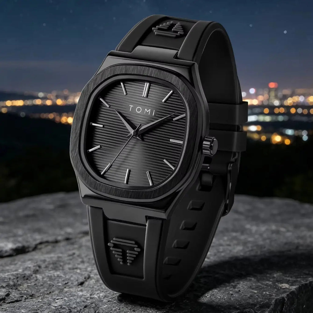 All-black square dial quartz watch with black rubber strap