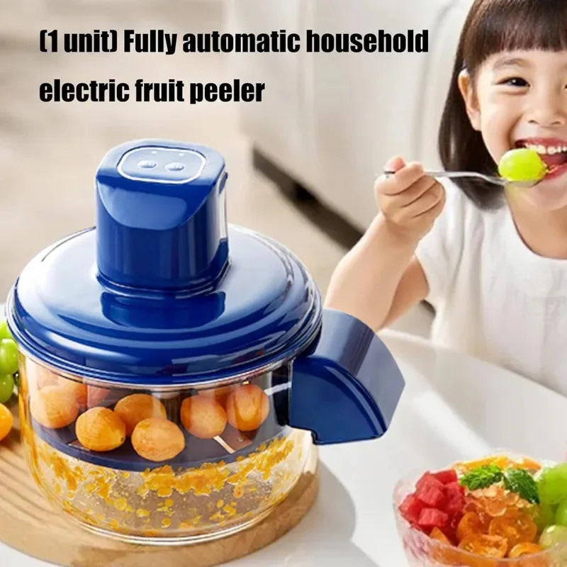 Child eating peeled grapes with an electric fruit peeler on the table