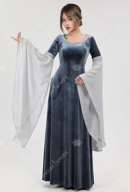 Medieval Women's Velvet Fairy Elf Dress for Halloween Cosplay – Gray