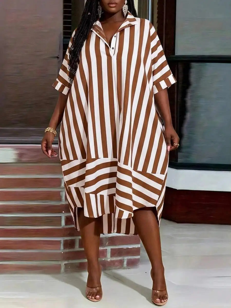 Model wearing a brown and white striped oversized casual midi dress