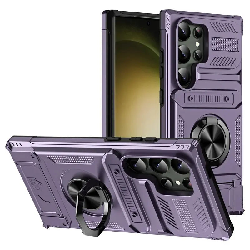 Shockproof Card Slot Phone Case with Rotating Magnetic Ring Holder – Purple