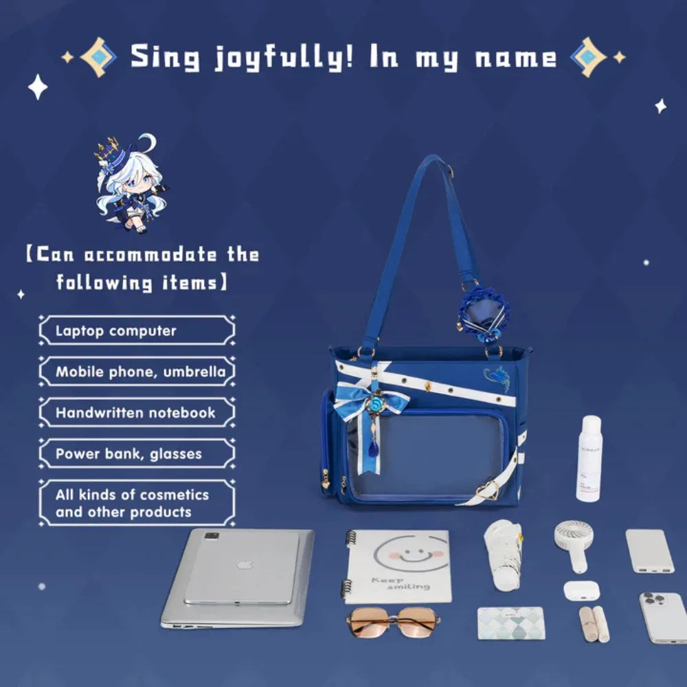 Blue tote bag with various personal items including laptop, phone, notebook, and cosmetics laid out next to it