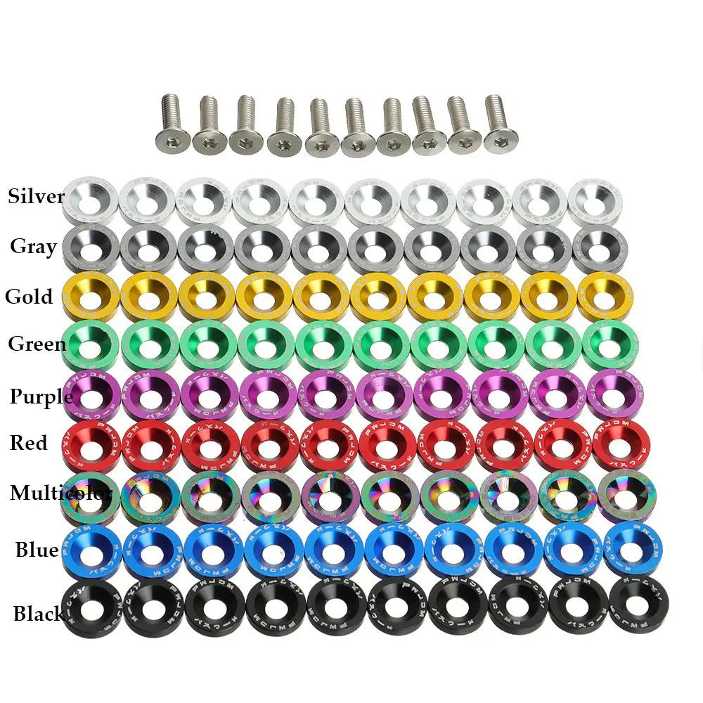Rows of colorful metal washers organized by color, with text labels for each color category.