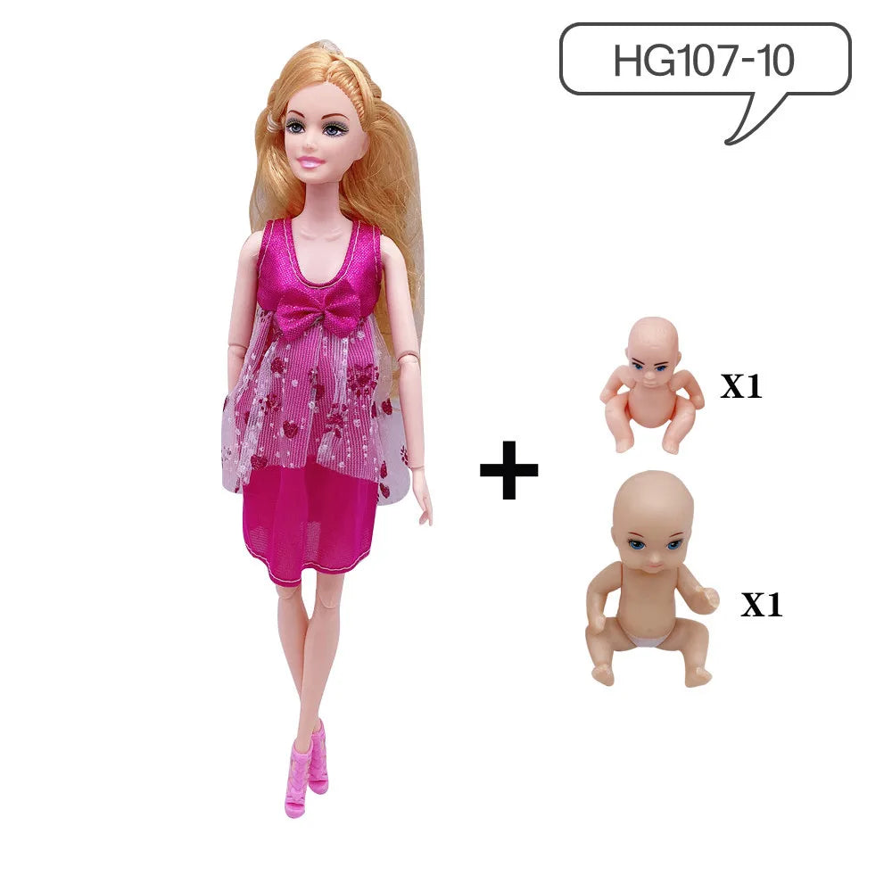 A pregnant fashion doll wearing a bright pink dress with a small baby figure