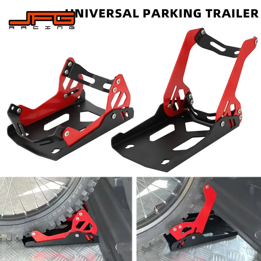 A black and red motorcycle wheel chock stand on a white background with close-up views of its usage.