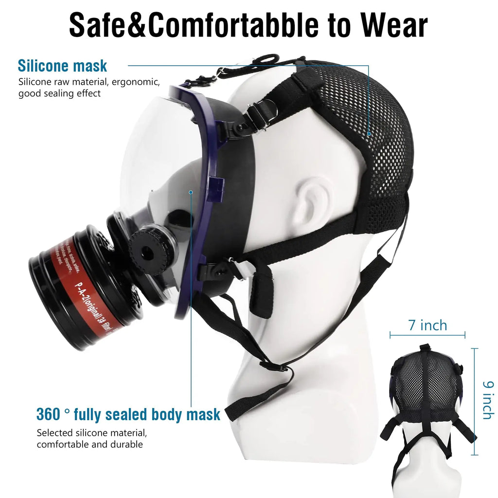 Side profile of a gas mask on a mannequin head with sizing dimensions