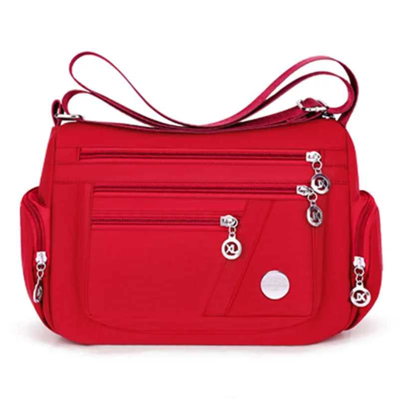Nylon Oxford Crossbody Hobo Bag with 3 Pockets, 25 x 19 cm – red