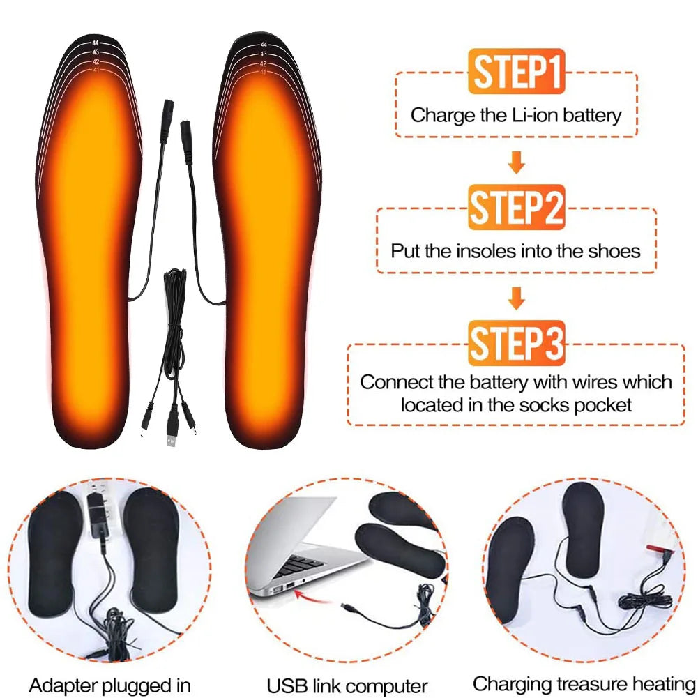 Diagram showing the three-step setup process and connection methods for USB heated insoles