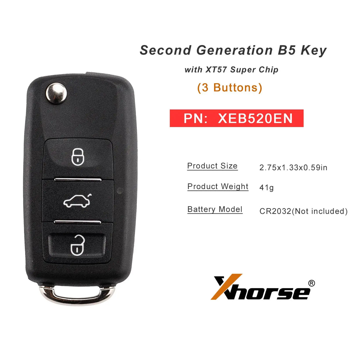 Car remote key fob with product specifications including size, weight, and battery model