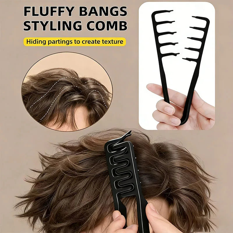 A collage showing the use of a fluffy bangs styling comb on hair