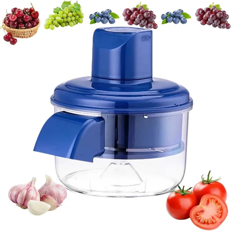 Blue automatic fruit peeling machine with various fruits and garlic around it