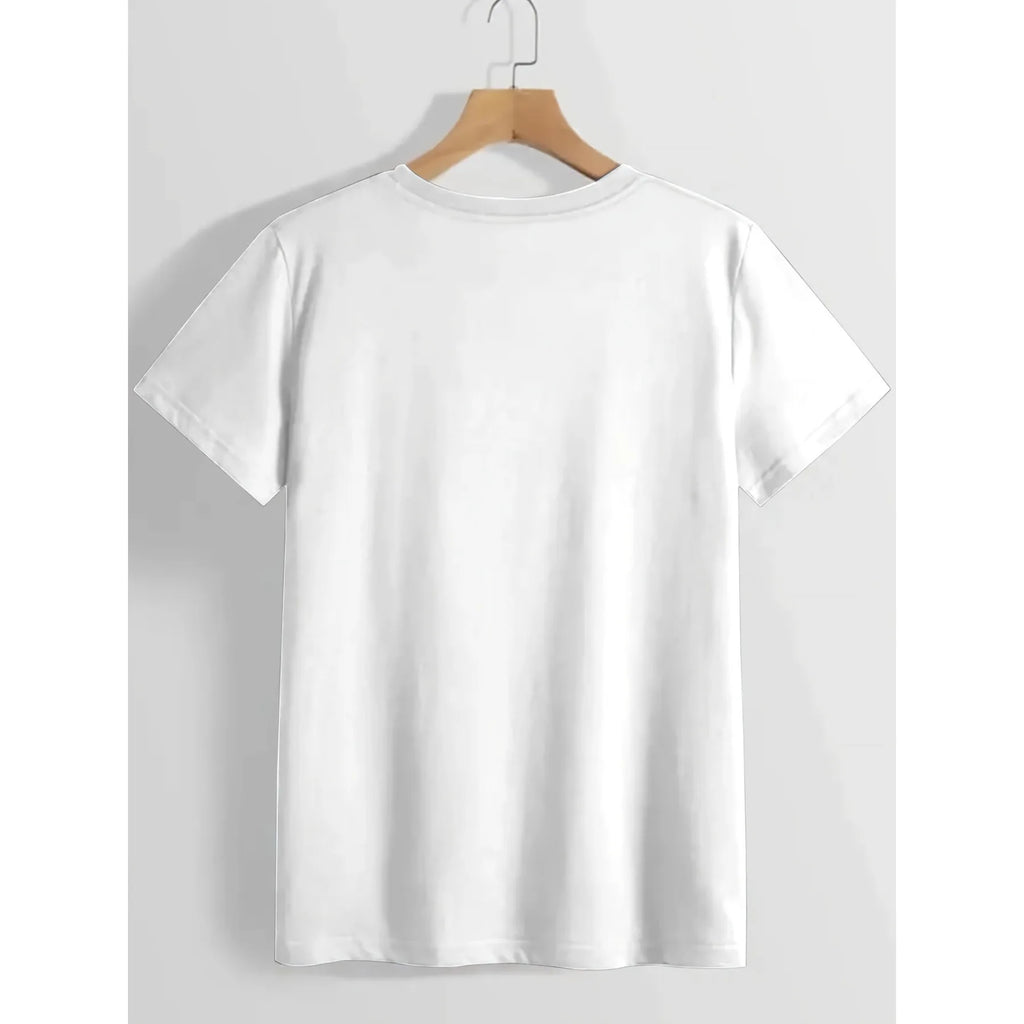 Back view of a plain white crew neck t-shirt on a hanger