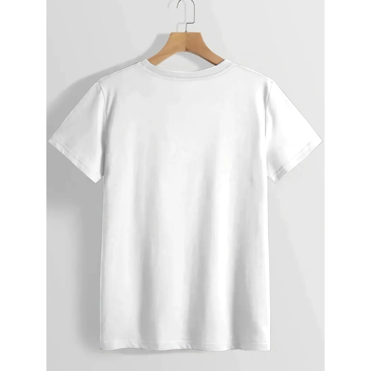 Back view of a plain white short-sleeved t-shirt on a hanger