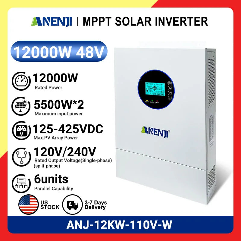 Anenji 12KW Hybrid Solar Inverter 48V Split Phase with 200A Charge Control – 12KW 48V-W