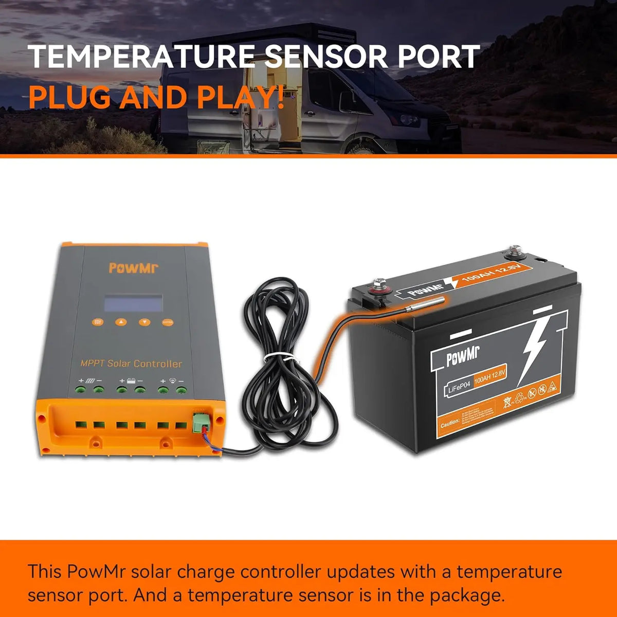 Solar charge controller with temperature sensor connection for battery charging