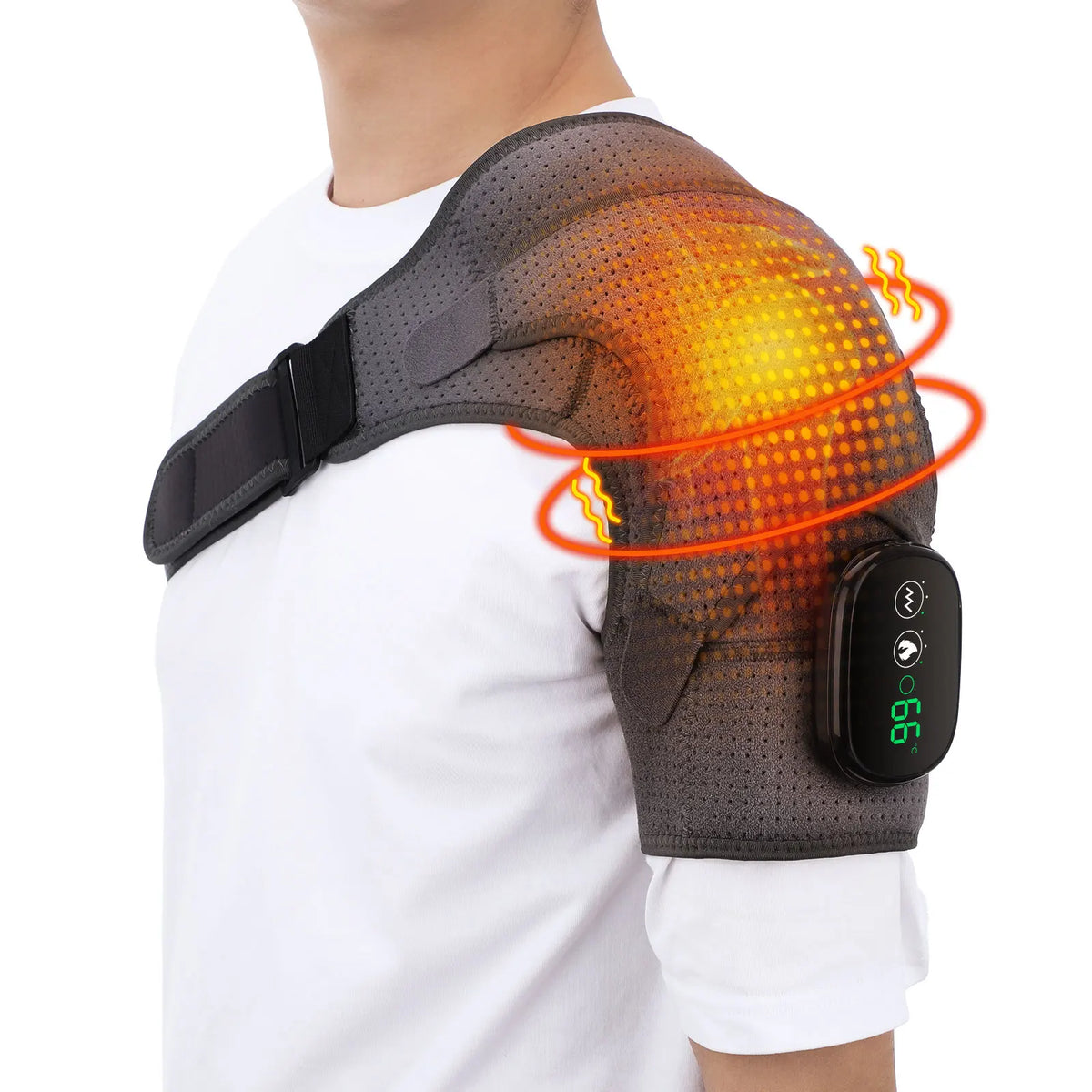 Grey electric heating shoulder massage brace with LED display worn on a person