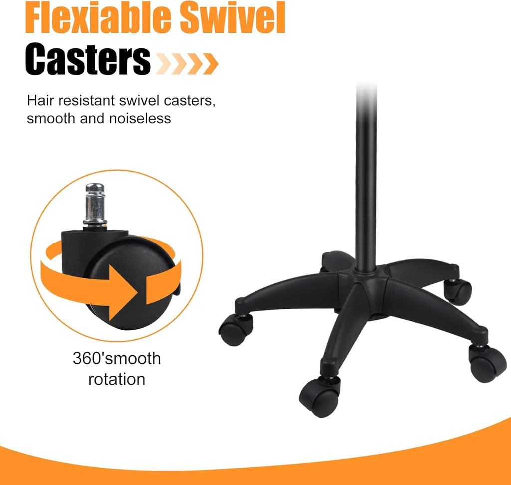 Close-up of the swivel caster wheel for the black salon rolling cart