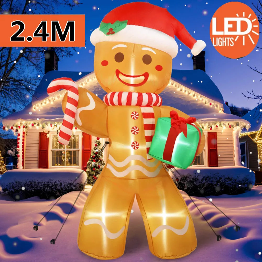 2.4 meter tall Christmas inflatable gingerbread man with candy cane and gift box decoration with LED lights