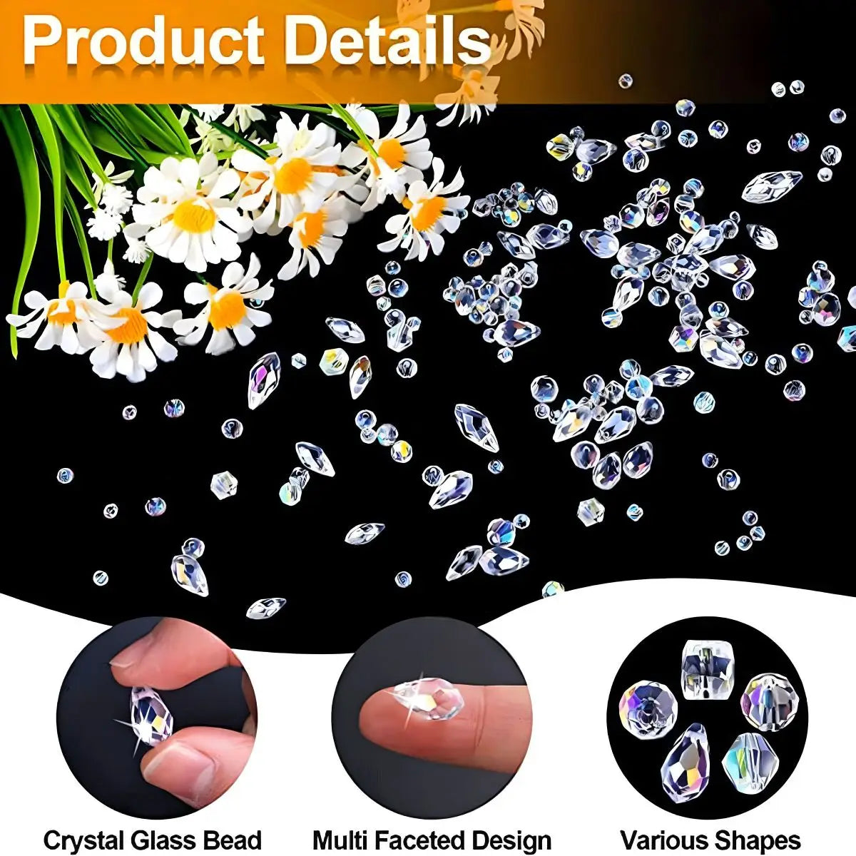 Crystal glass beads shown in different shapes with examples held by fingers.
