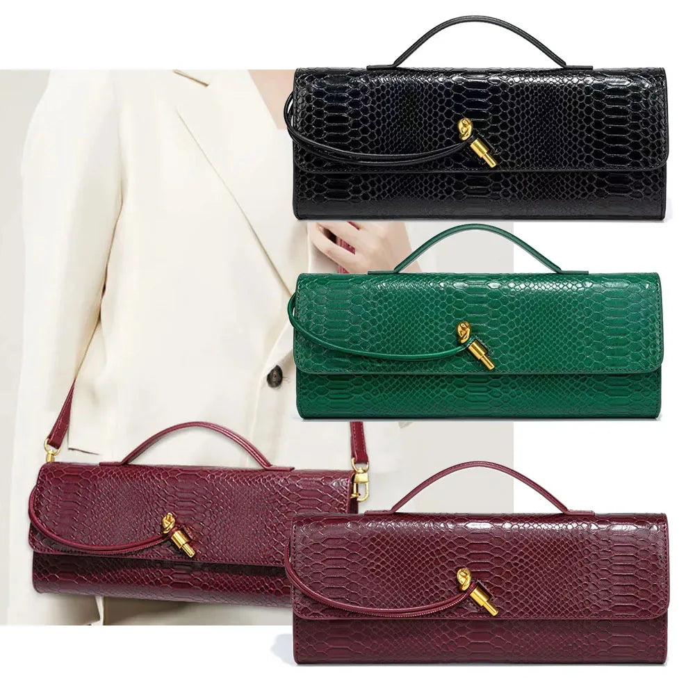 Four different colored faux crocodile skin long purses with gold hardware on a white background