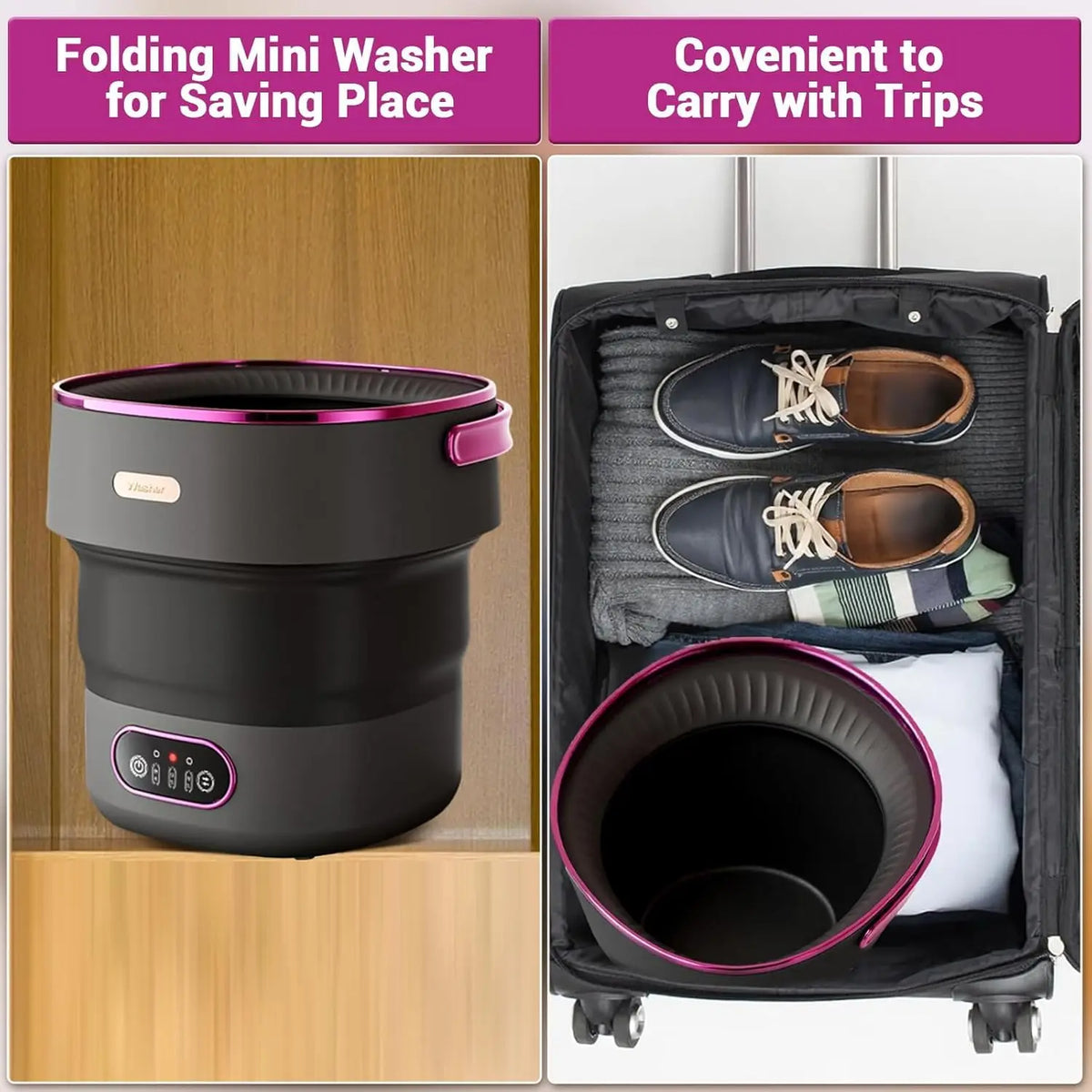 Dark grey foldable washing machine shown on a shelf and inside a suitcase.