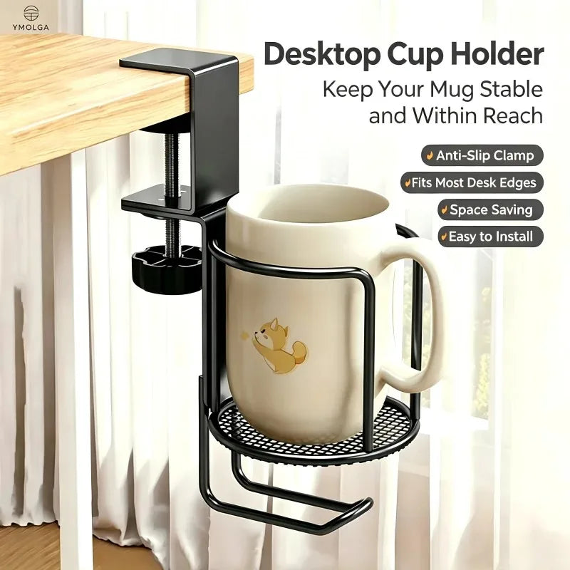 Black clamp-on desk cup holder with a mug, featuring text highlighting product benefits