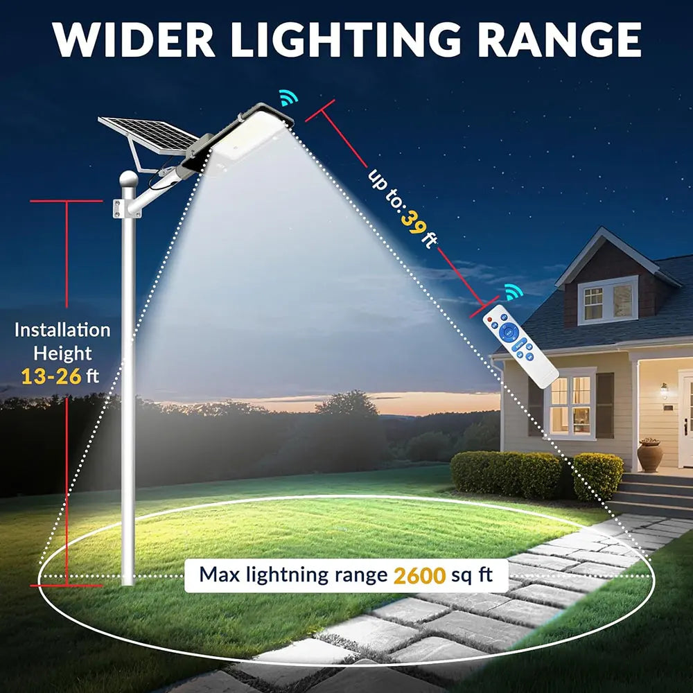 Solar street light illuminating a front yard with remote control access