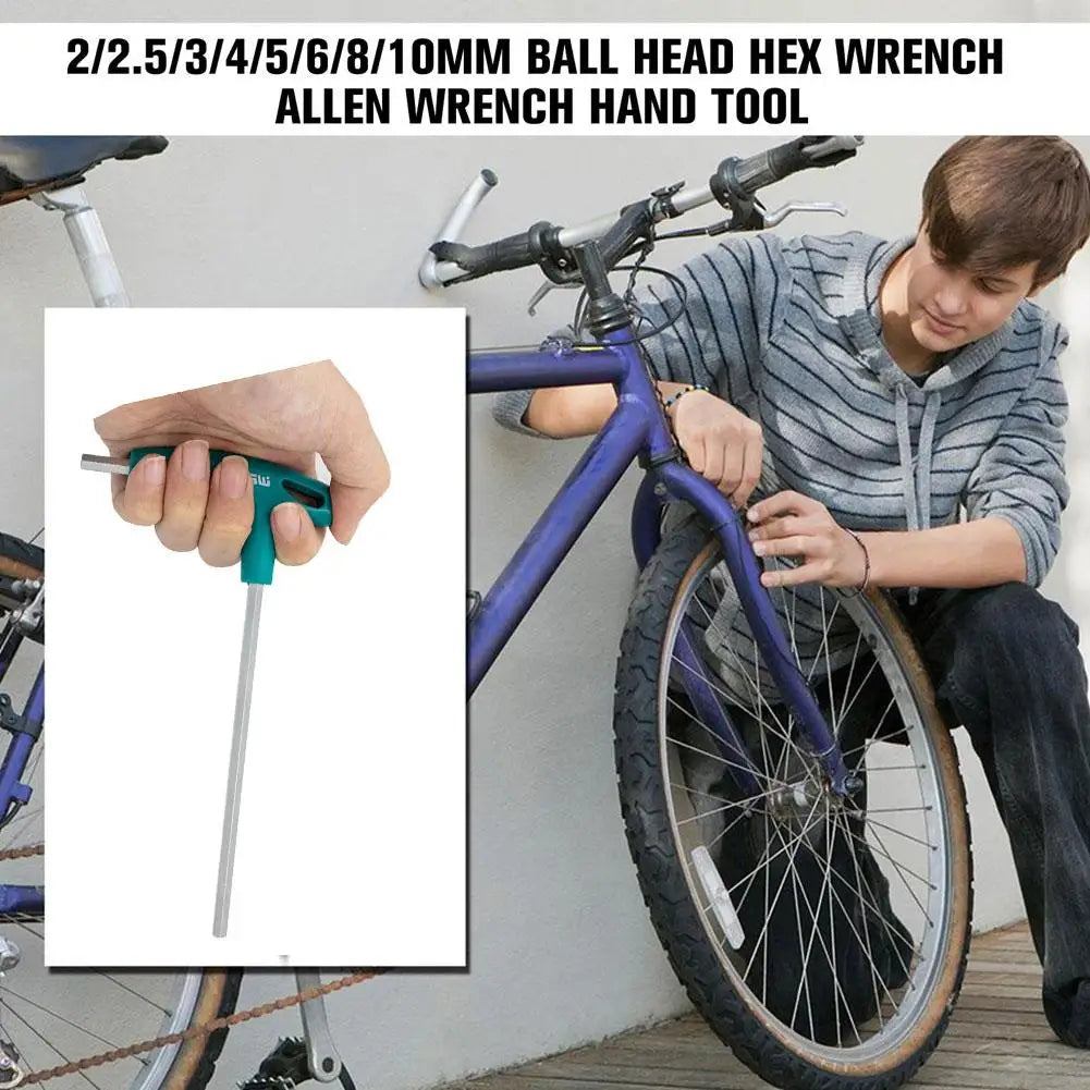 A person using a hex wrench to repair a bicycle.