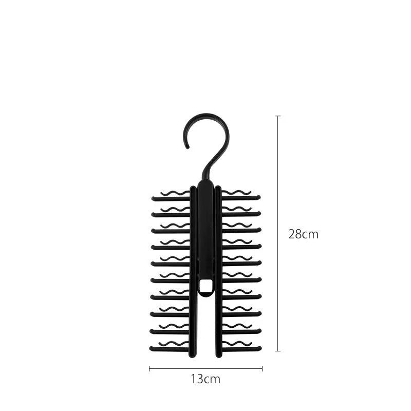 A black plastic tie and scarf organizer rack with dimension labels.