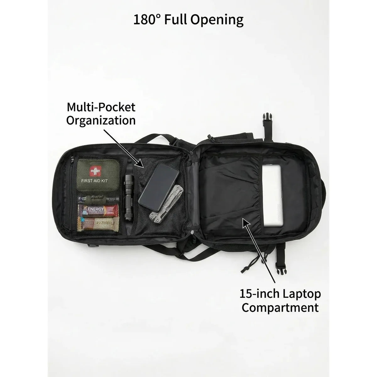 Inside view of an open tactical backpack showing multi-pocket organization and laptop compartment.