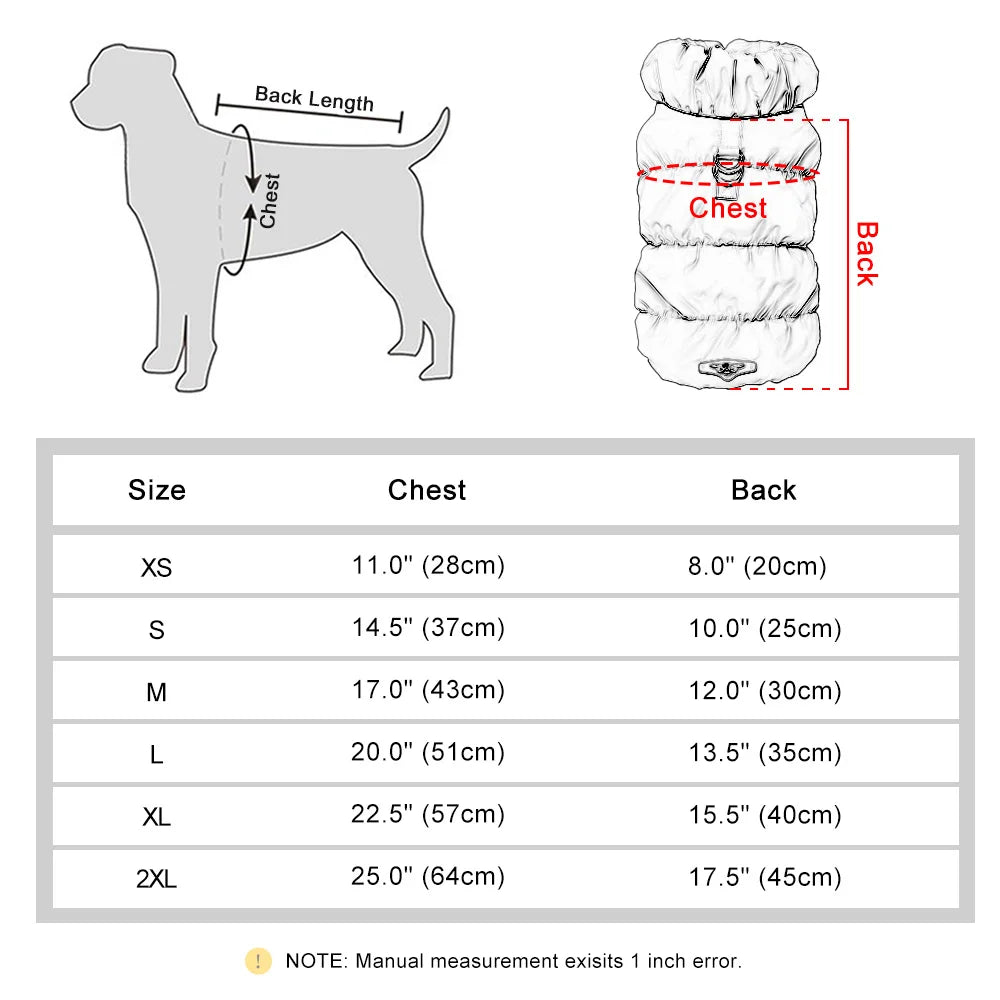 Size chart for dog clothes with measurements for chest and back length