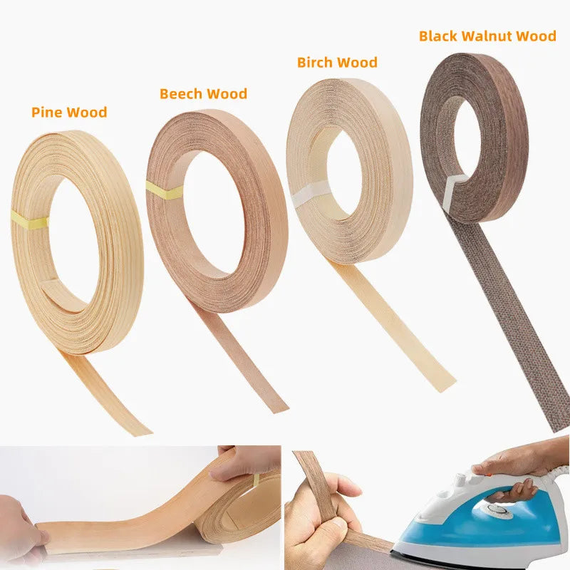 A collection of different wood veneer edge banding rolls in pine, beech, birch, and walnut styles