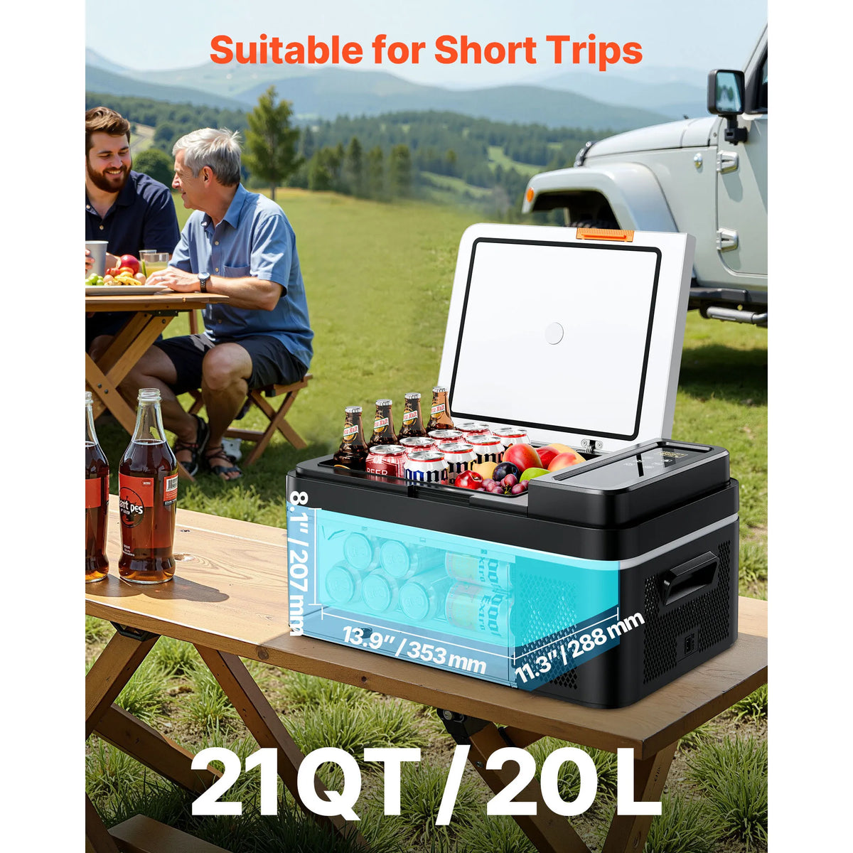 Portable car refrigerator being used on a picnic table outdoors