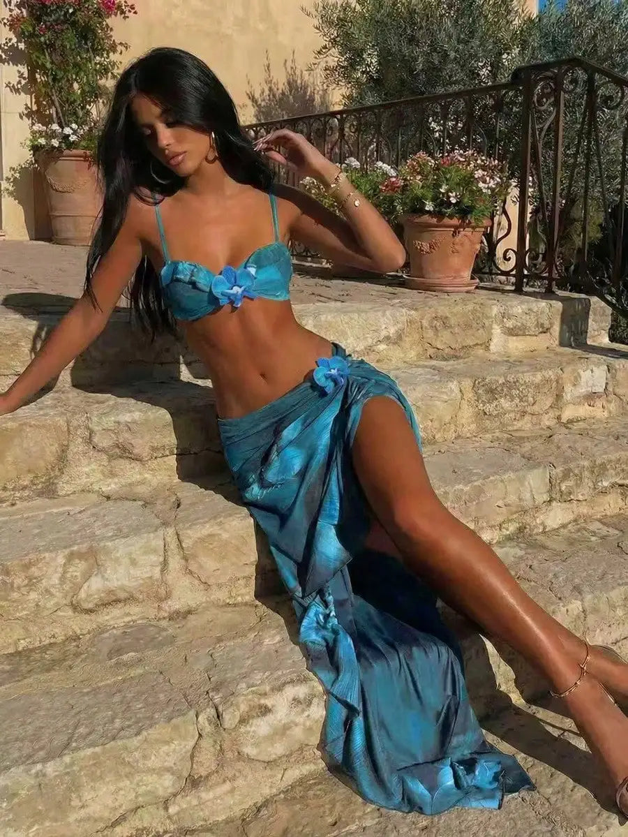 3-Piece Women's Floral Print Bikini and Knee-Length Beach Dress Set – Mint Blue