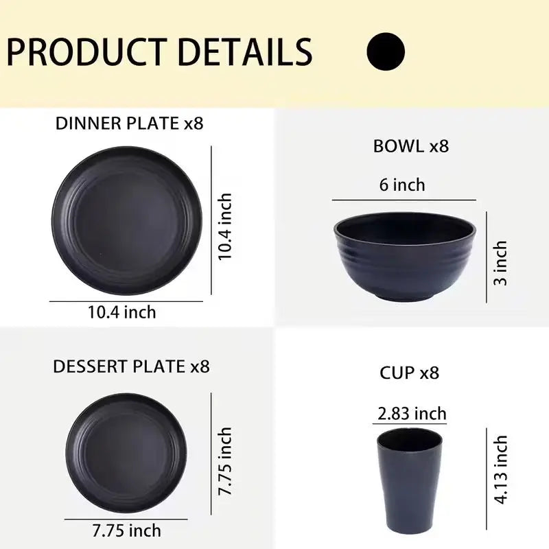 Diagram showing the sizes of black dinner plates, dessert plates, bowls, and cups in inches.
